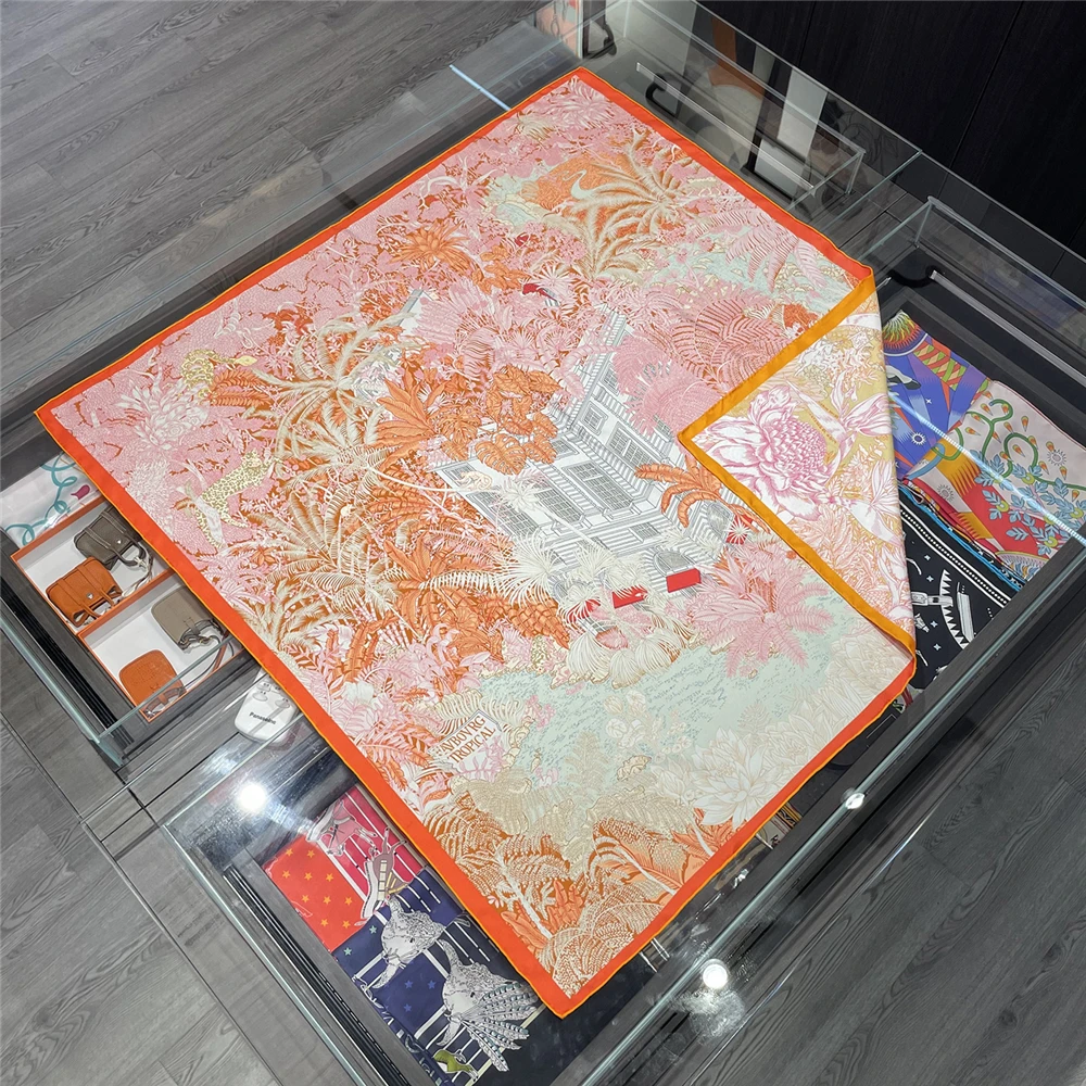 女性用両面シルクスカーフ,90cm,ブランドデザイナースカーフ,ジャングルデザイン,手回しエッジ,ナチュラルシルク,スクエアショール,バンダナ,ヒジャーブ