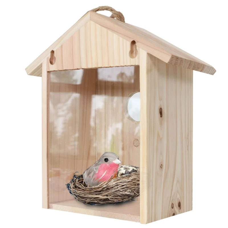 Blue Birds House Wood Window Birdhouse Weatherproof Bird Nest Designed with Perch Transparent Rear for Easy Watch