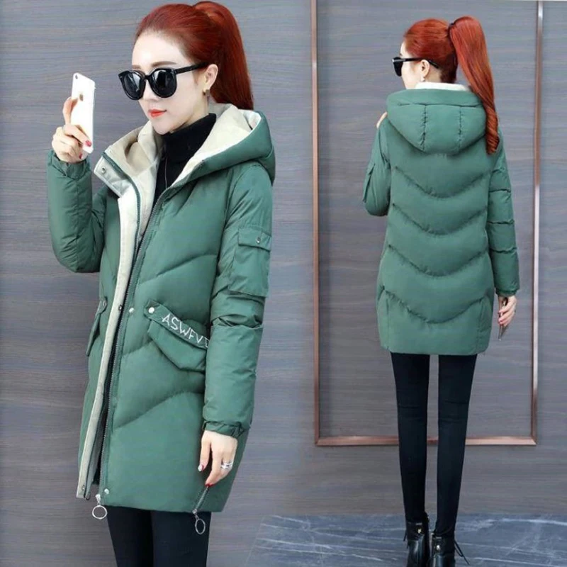 2022 Women Winter Jacket Hooded Warm Coat Green Cotton Padded Jacket Female Long Parka Splice Women Wadded Jaqueta Feminina Tops