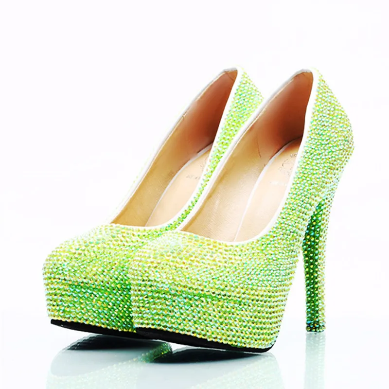 Women Green AB Bling Crystal Party Dress Shoes Rhinestone Fashion Bridesmaid Shoes Platform Pumps Bridal Wedding Shoes Ladies 8