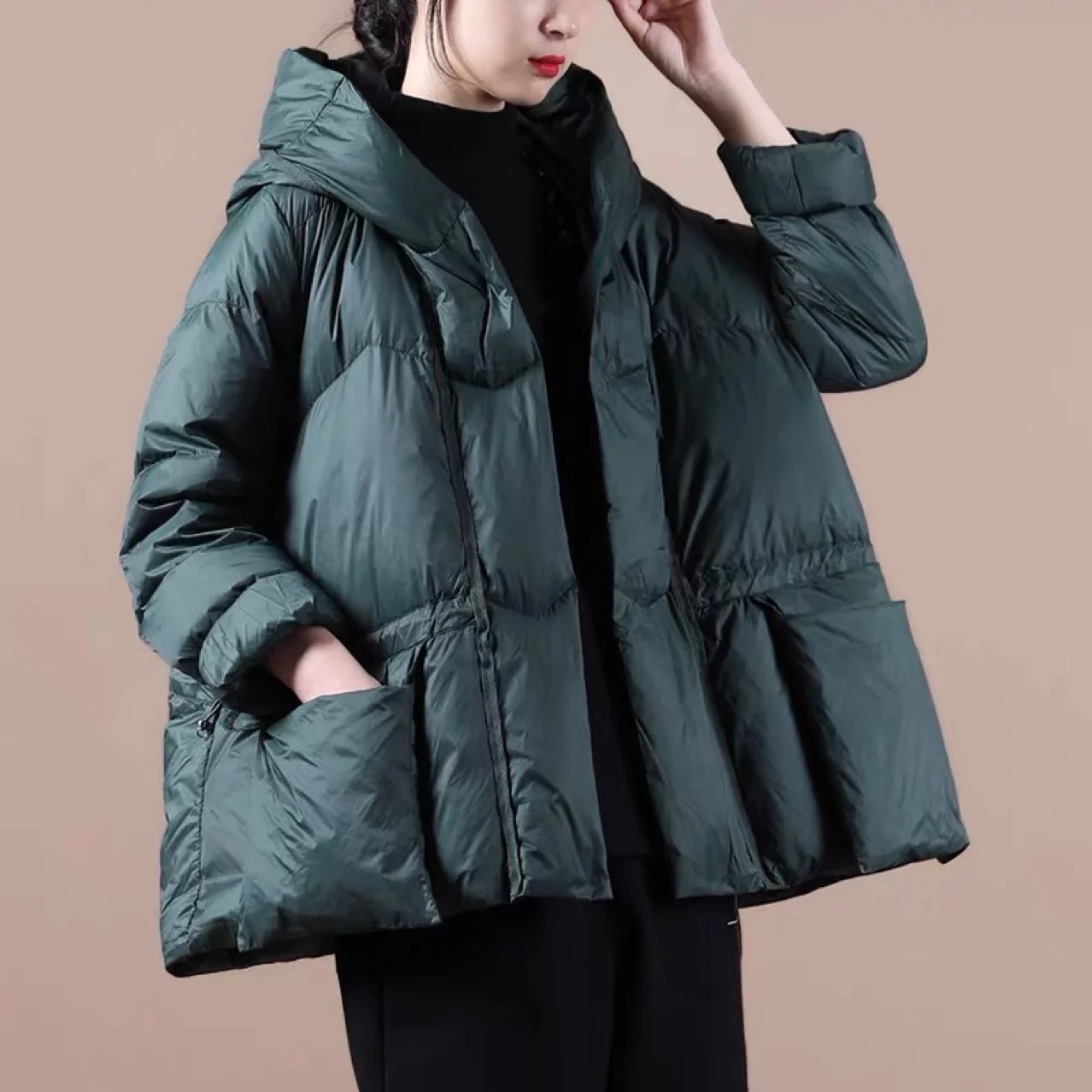 Loose Pocket Drawstring Short Duck Down Jacket Casual Winter New Womens Zipper Hooded Solid Outerwear