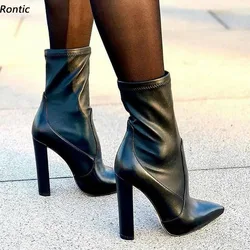 Rontic Handmade Women Spring Ankle Boots Flexible Block Heels Pointed Toe Elegant Black Night Club Shoes US Size 5-15