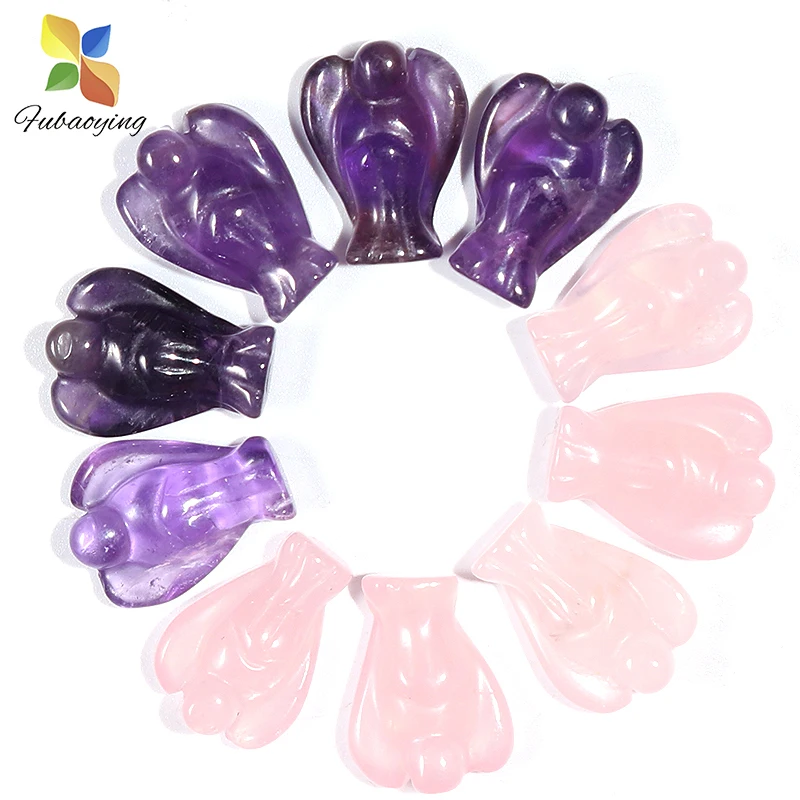 15Pcs Natural Angel Carved Guardian Stone Charms Rose Quartz Amethyst For Home Decor Healing Energy Spiritual Bulk Craft Gift