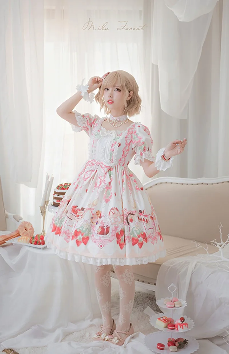 

Palace sweet princess lolita strap dress vintage falbala high waist printing victorian dress kawaii girl gothic lolita cos