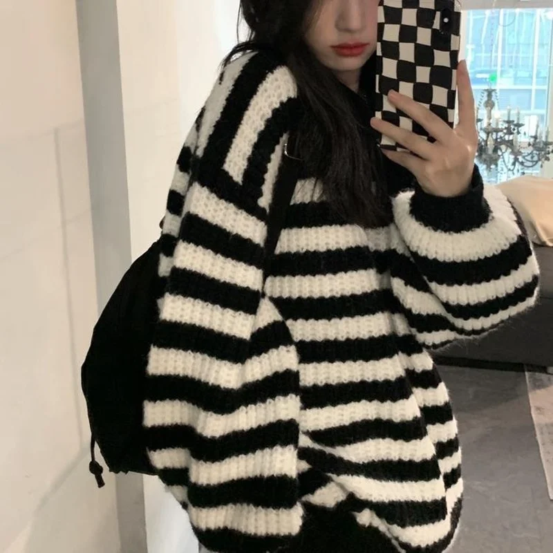 Striped Pullovers Women Ins O-neck Fashion Simple Chic Ulzzang Loose Clothes Classic Elegant Females Autumn Harajuku Streetwear