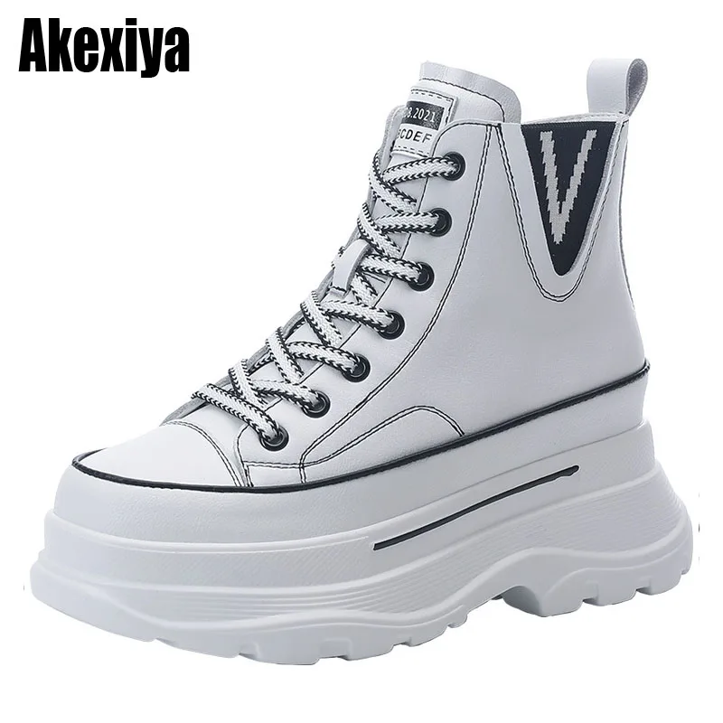 

7cm Platform Wedge Sneakers Chunky Shoes Genuine Leather High Top Shoes Sneakers Women Spring Autumn BC3026