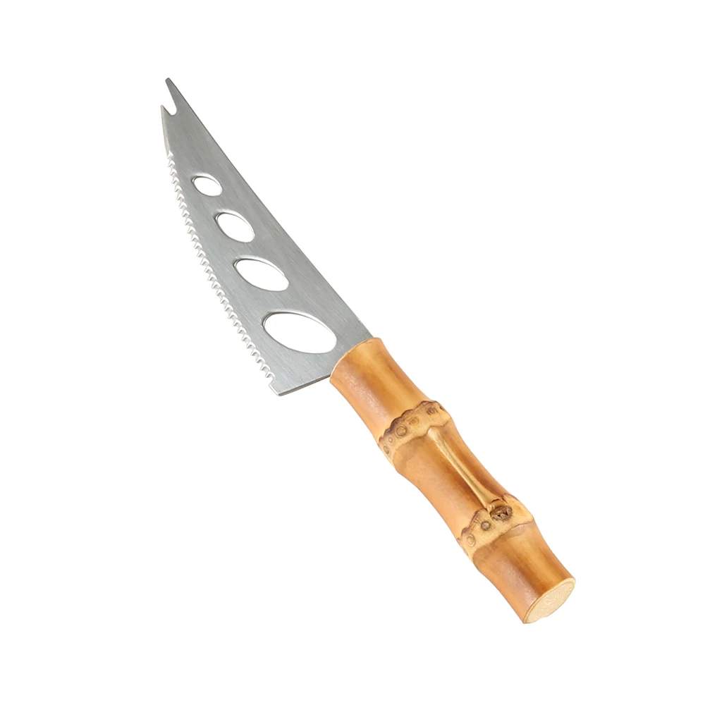 Stainless Steel Serrated Hollowed Holes Bamboo Root Wooden Handle Toast Pizza Dessert Cake Cheese Bread Mini Small Forking Knife