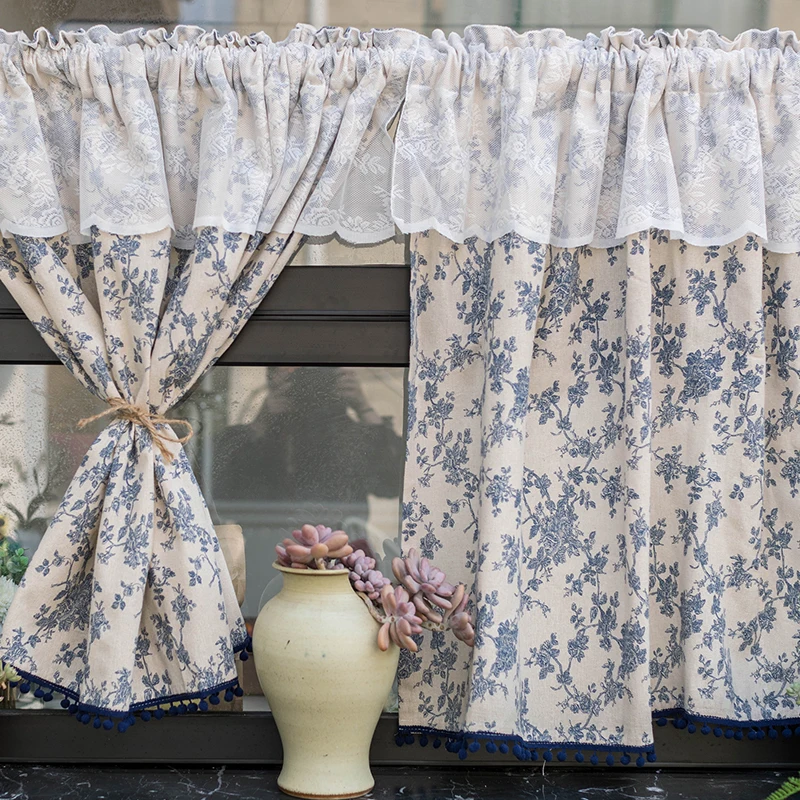 Pastoral semi shading semi curtain door curtain lace finished curtain partition half curtain small curtain installation double l