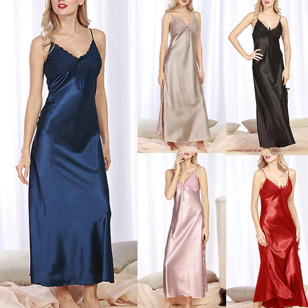 HOTSummer Silk Nightgown Women Pleated V Neck Sleeveless Maxi Nightdress Silk Nightgown Women Pleated V Neck Sleeveless Maxi Nig