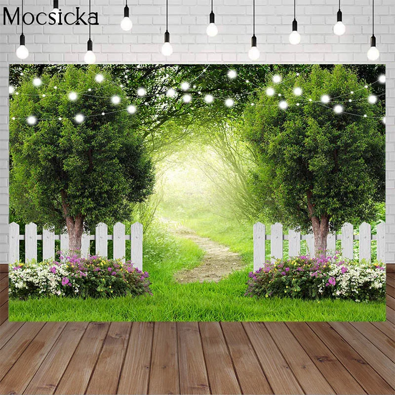 Mocsicka Spring Green Forest Photography Backdrops Fence Flower Grassland Child Birthday Photo Background Studio Props Photocall