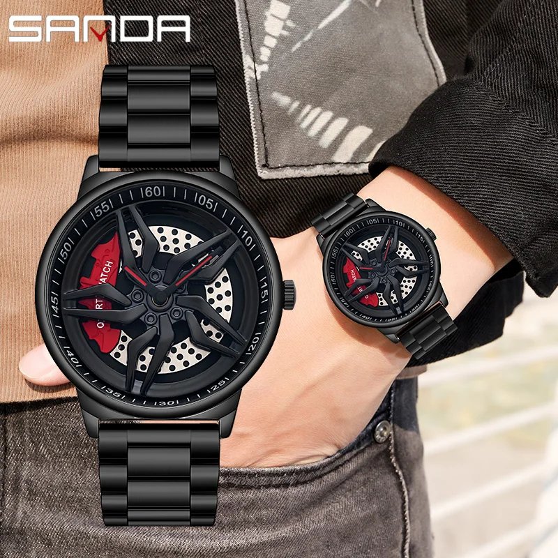 

SANDA Car Wheel Watch Men Quartz Rotating Dial Waterproof Sport Steel Clock Creative Rim Hub Wheel Wristwatch Relógio masculino