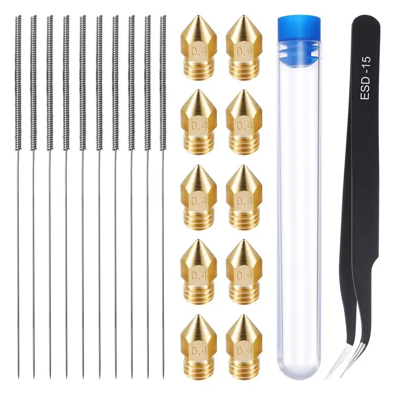 3D Printer Nozzle Set 10Pcs 1.75mm Extruder Nozzle 0.4mm Filament for MK8+10*Stainless Steel Cleaning Needles+Tweezer