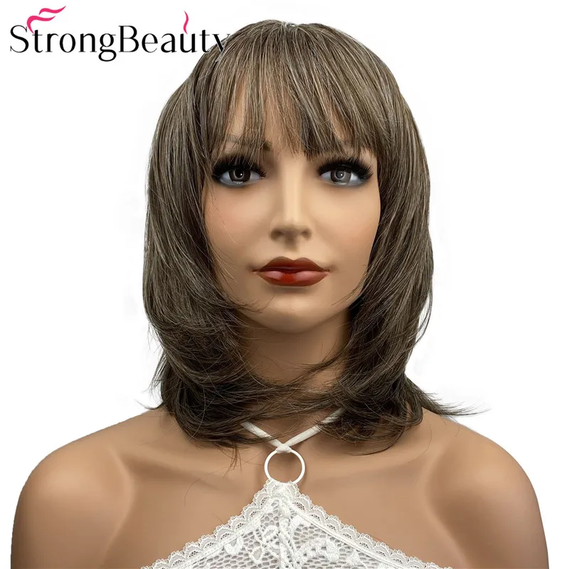 StrongBeauty Medium Length Straight Synthetic Wigs Women Wig with Neat Bang Natural Capless Women Hair