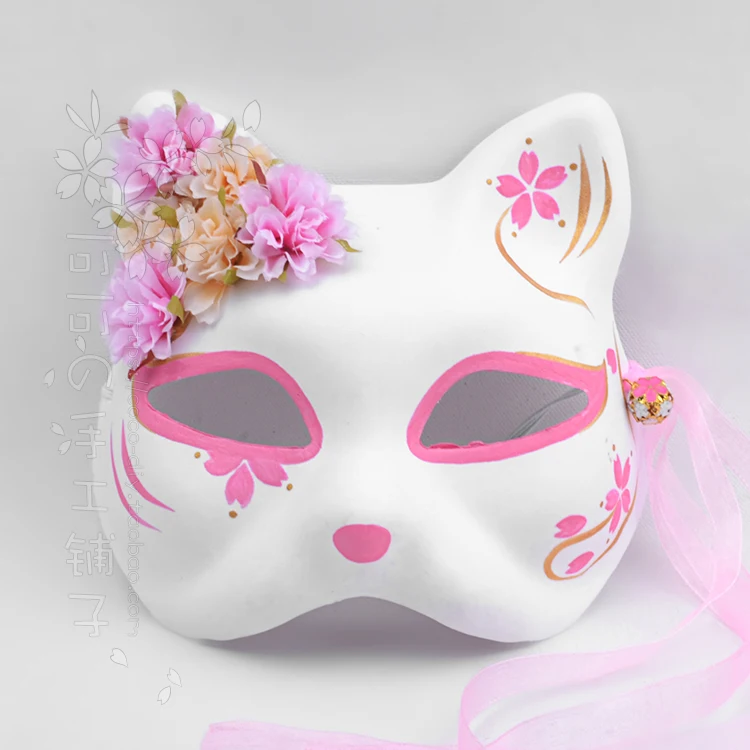 Japanese kimono fox cat mask hand painted anime cherry blossom small fresh silk flower bell cosplay