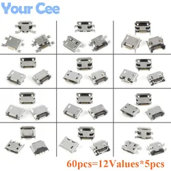 60pcs/lot 12 Models SMD DIP Socket Connector 5 Pin SMT Socket Connector Micro USB Type B Female Placement