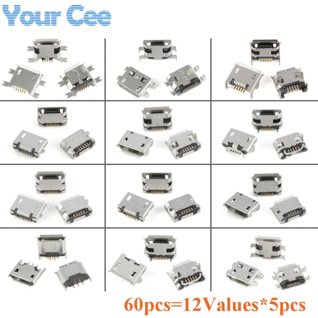 60 sztuk/partia 12 modeli SMD DIP złącze wtykowe 5-pinowe złącze wtykowe SMT Micro USB typ B umieszczenie żeńskie
