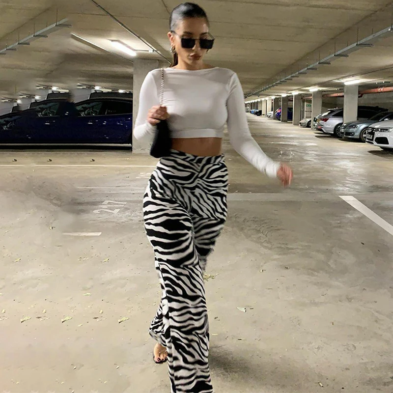 ZZSYKD Oversized Zebra Print Pants For Women High Waist Wide Leg Long Trousers Fashion Loose Casual Plaid Pant Female Streetwear