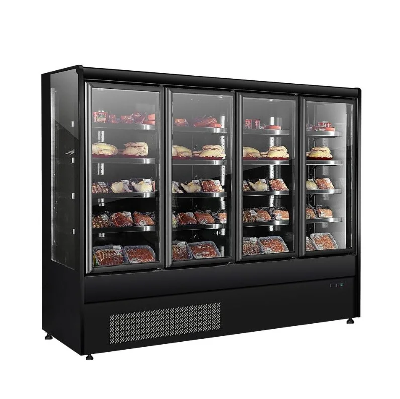 

-1~4 degrees Black Color 4 Door Supermarket Fan Cooling Fridge Refrigerator For Drinks Vegetables