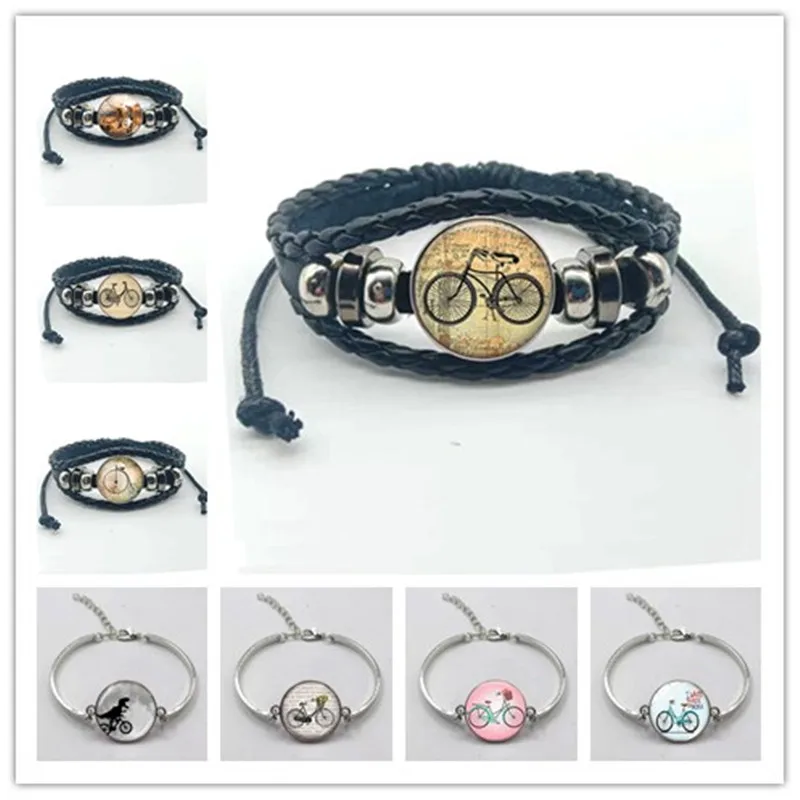 New Fashion Steampunk Retro Bicycle Black Bracelet, DIY Glass Convex Woven Jewelry Leather Bracelet (Men and Women)