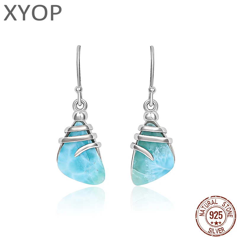 Summer Shell Design Geometry Natural Gem Larimar Earrings 925 Sterling Silver Women Jewelry Drop Shape