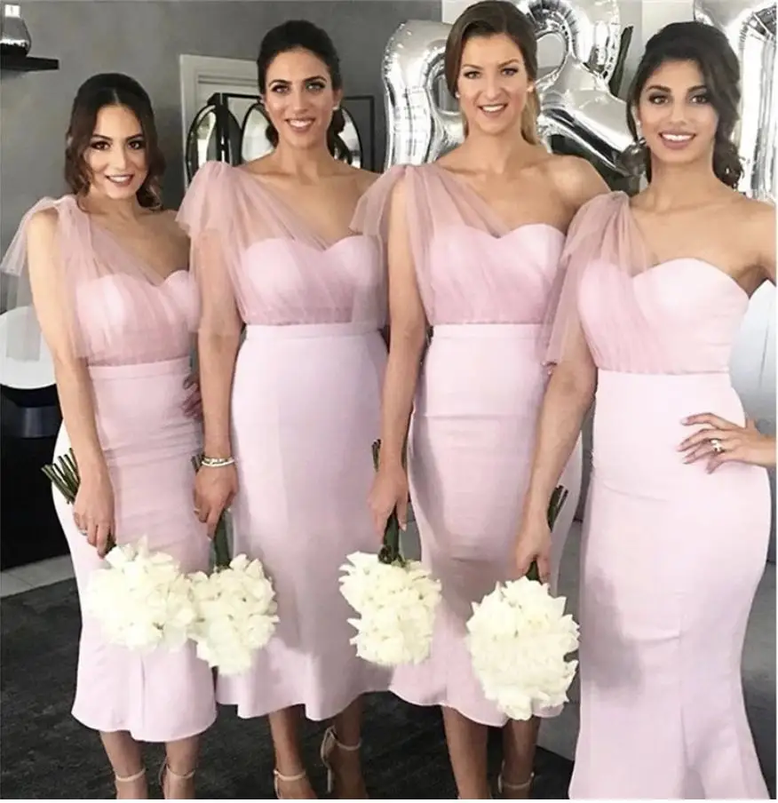 Short Dusty Pink Bridesmaid Dresses One Shoulder Sheath Tea Length Customize Maid Of Honor Dress Plus Size Wedding Party Gowns