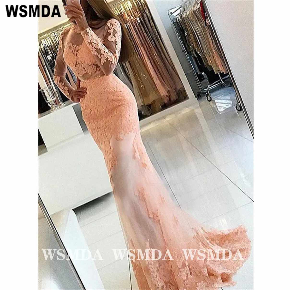 Vestido de baile de cauda estilo sereia, renda rosa, com mangas compridas, formal, para noite