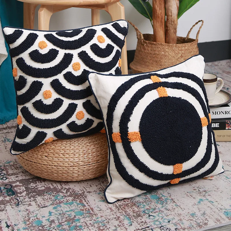 Cotton Cushion Cover Navy Blue Orange Pillow Cover 30x50cm/45cm Embroidery Boho Style for Home Decoration for Sofa Bed Chair