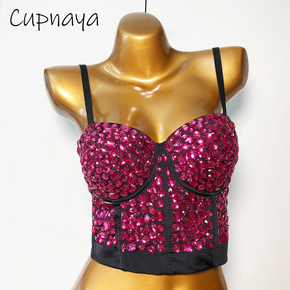 

Cupnaya Colorful Crystal Women Sexy Spandex Stretch Crop Top Push Up Bustier Inside Camisole Corset Bralette Sparkly Clubwear