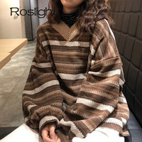 Knitted Sweaters Women Casual V Neck Stripe Pullover Sweater Autumn-winter Retro Jumper Harajuku Oversized Loose Sweater