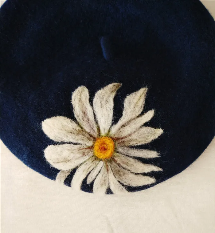 Faramita Holiday White Daisy Flowers Women Wool Felt French Berets Handmade Beret Girls Kids Child Winter Painter Hat Hats Cap