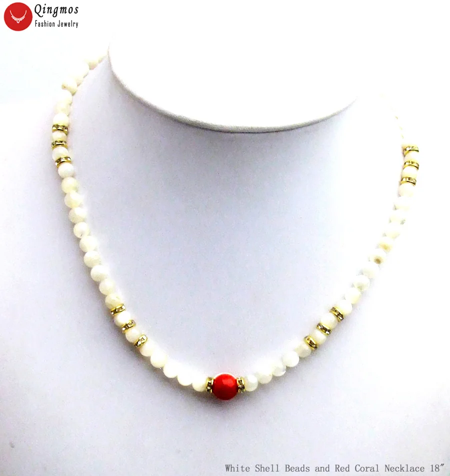 

Qingmos Fashion Natural 6mm White Shell Beads Necklace for Women with 10mm Round Red Coral Necklace 18" Chokers Jewelry nec6578