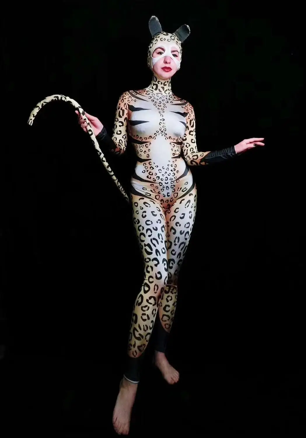 Women New Leopard Pattern Printing Cat Cosplay Jumpsuit Singer Bodysuit Stage Outfit Dance Prom Bar Model Show Outfit