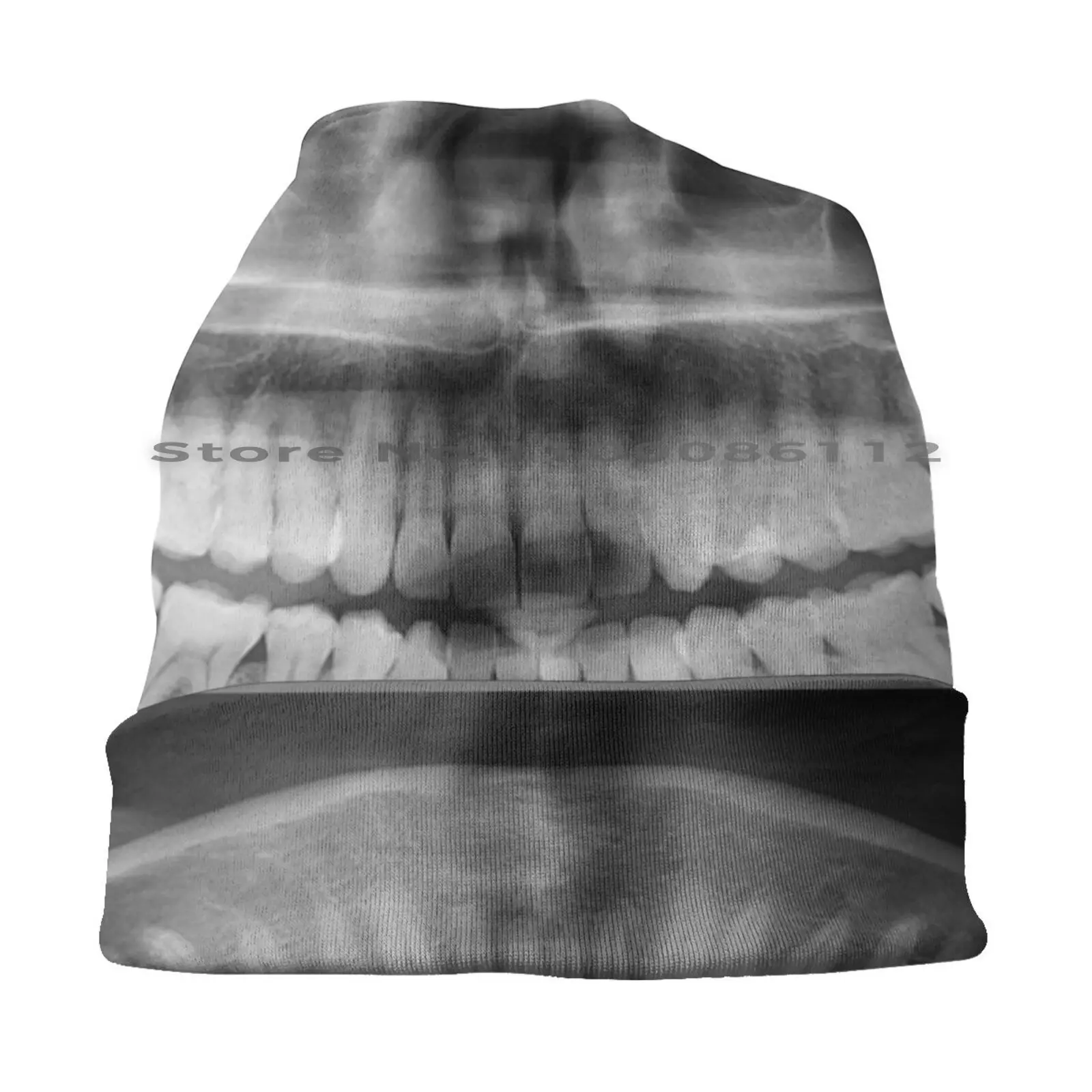 X-Ray Teeth Scan Beanies Knit Hat Mouth Teeth X Ray Dentist Nurse Scan Black White Grey Dark Cool Grunge Fun Effect Safe Skull