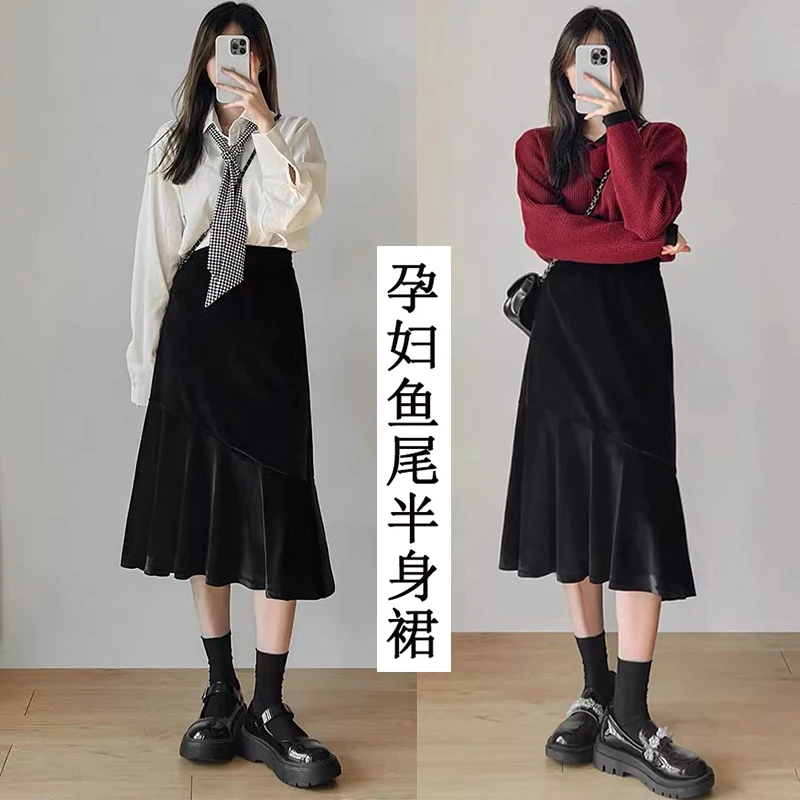 

Spot in pregnant women skirts female big yards pleuche qiu dong long a word show thin fishtail skirt of tall waist