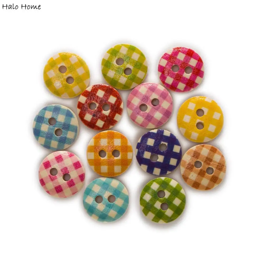 50pcs Grid Printing Round Pastoral style Wood buttons Sewing Scrapbook Clothing Crafts Handwork Accessories Decoration 11-18mm