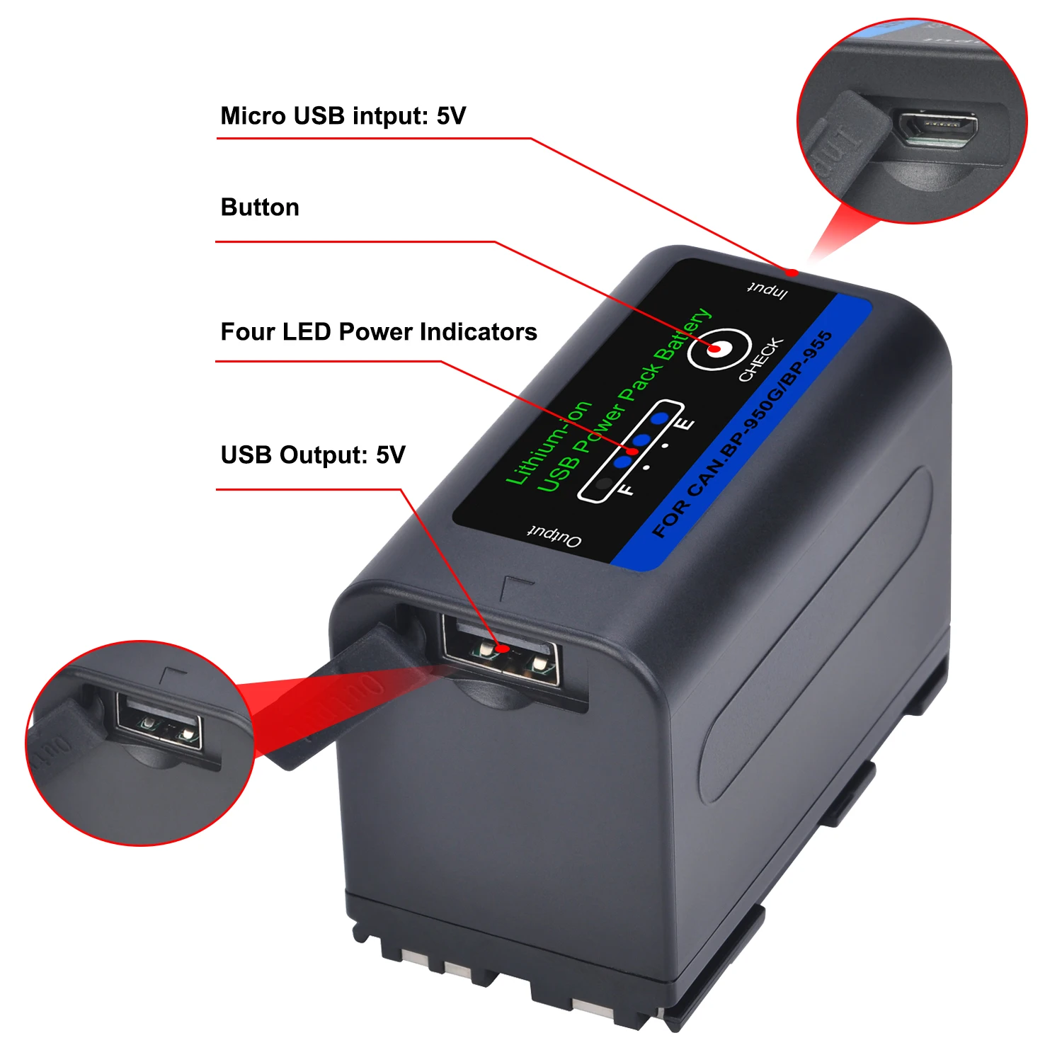 Imagem -03 - Batmax 5600mah Bp-950g Bateria com Porta de Entrada Saída Usb para Canon Bp-925 Bp-955 Bp-970g Bp-950g Eos C300 Xf100 xl H1s H1a