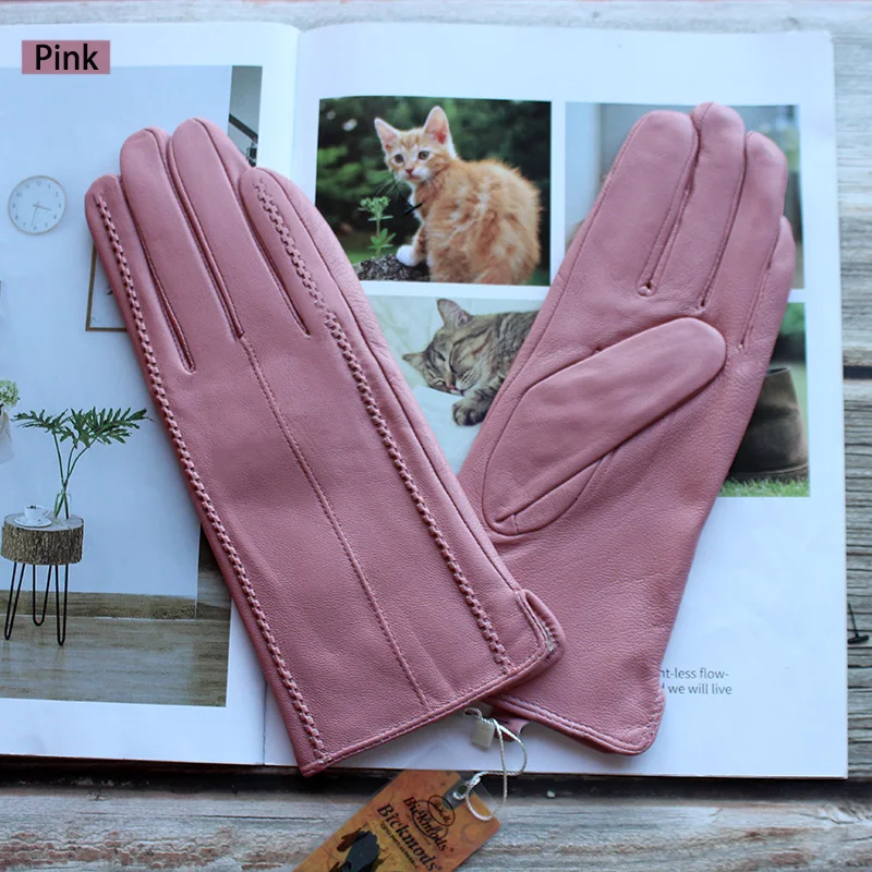 Winter Warm Women's Leather Gloves Fashion Striped Style Velvet Lined Motorcycle Riding Driving Gloves Free Shipping
