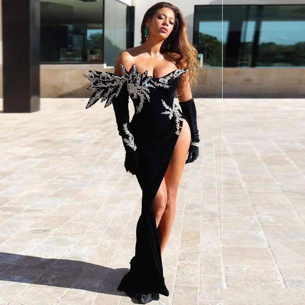 Black Velour Evening Dresses Long 2021 Women Strapless Applique Mermaid Prom Gowns Simpie Side Split Party Dress robes de soirée