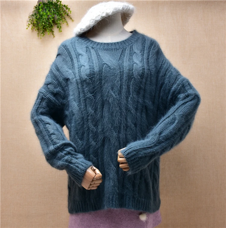 female women winter clothing angora rabbit fur knitted braid twist long sleeves o-neck loose pullover angora fur jumper sweater