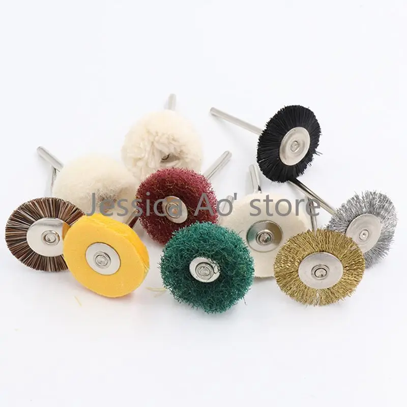 20pcs Mix Size 25mm Mini spazzola per lucidatura elettrica ornamenti spazzola per pulizia con gambo 3mm spazzola in tessuto di cotone lana filo di acciaio