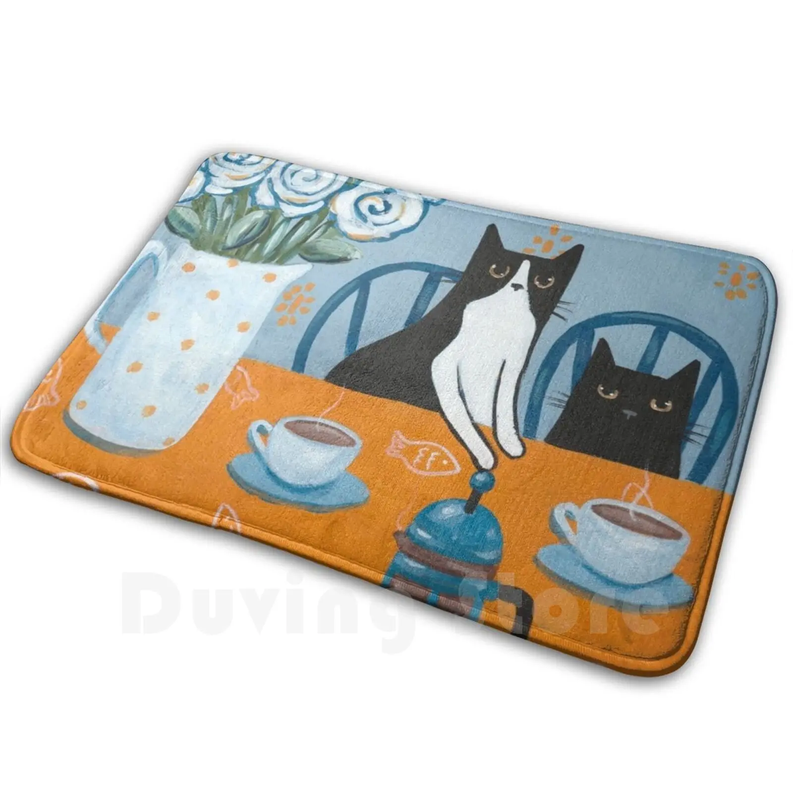 French Press Coffee Cats Soft Non-Slip Mat Rug Carpet Cushion Original Cat Folk Art French Press Coffee Coffee And Cats