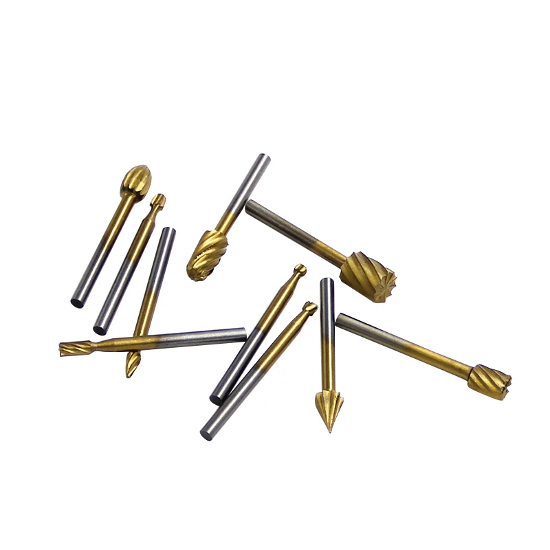 10pcs 1/8'' Shank Titanium HSS Steel Rotary burrs Cutter Engraving Grinding Bit For Rotary file cutter Tools woodworking DIY