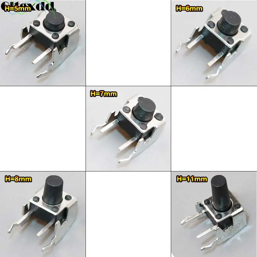 

Cltgxdd 50PCS 6*6*5 6/7/8/11mm PCB Momentary Tactile Tact Push Button Switch Right Angle With stent 6X6X5 6/7/8/11mm