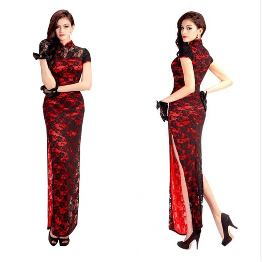 

Sexy Woman Chinese Cheongsam Elegant Lace Traditional Qipao New Year Evening Party Oriental Vintage Split Wedding Dress