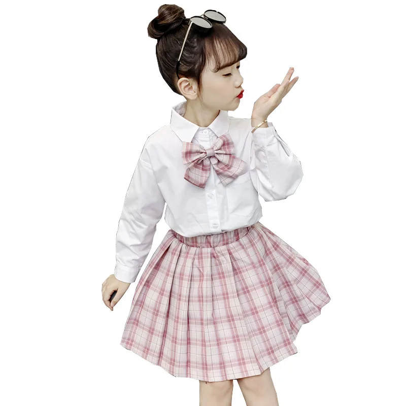 2020 Girls Japanese and Korean Summer High Waist Pleated Skirt Plaid Skirt Children Student JK School Uniform Set