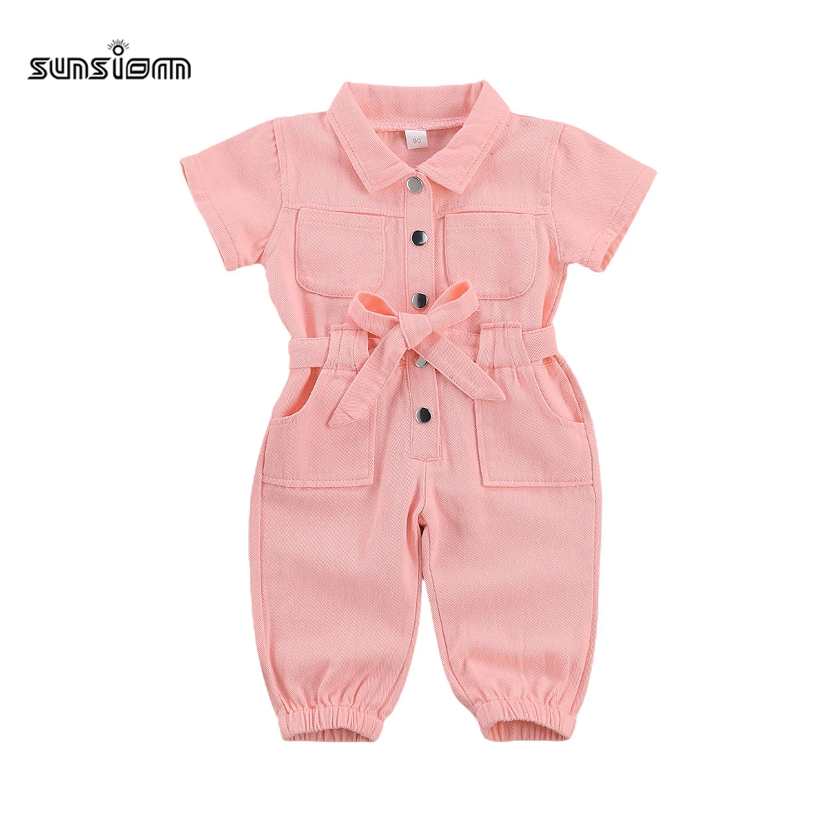 Kids Baby Girls Denim Jumpsuit Work Clothes One Piece Turndown Collar Pocket Short Sleeve Pink Romper Toddler Summer Clothing