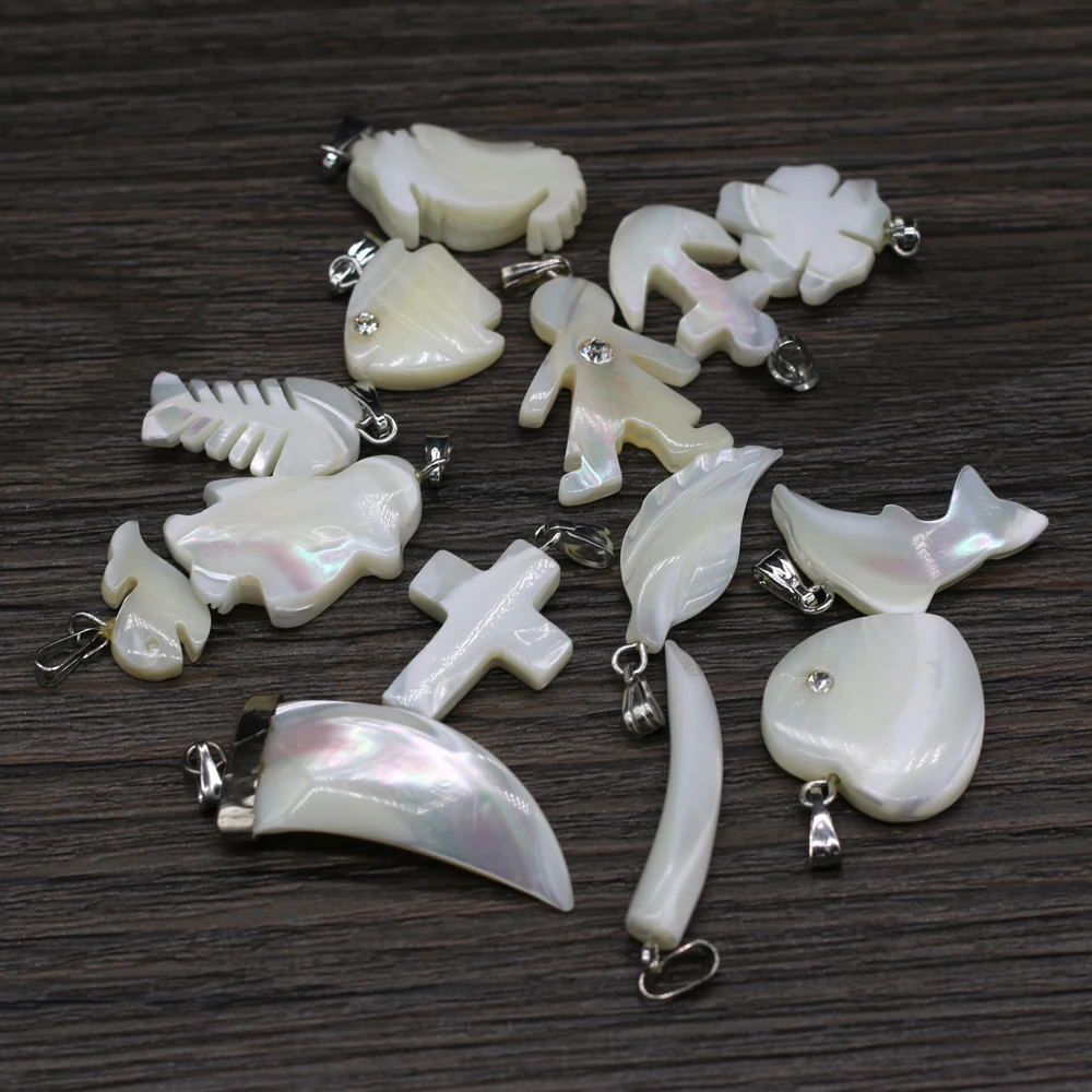 2PCSNatural Freshwater Shell Fish Heart Dolphin Cross Multi-shape Pendant MakingDIY Necklace Earring Jewelry Decoration Gift