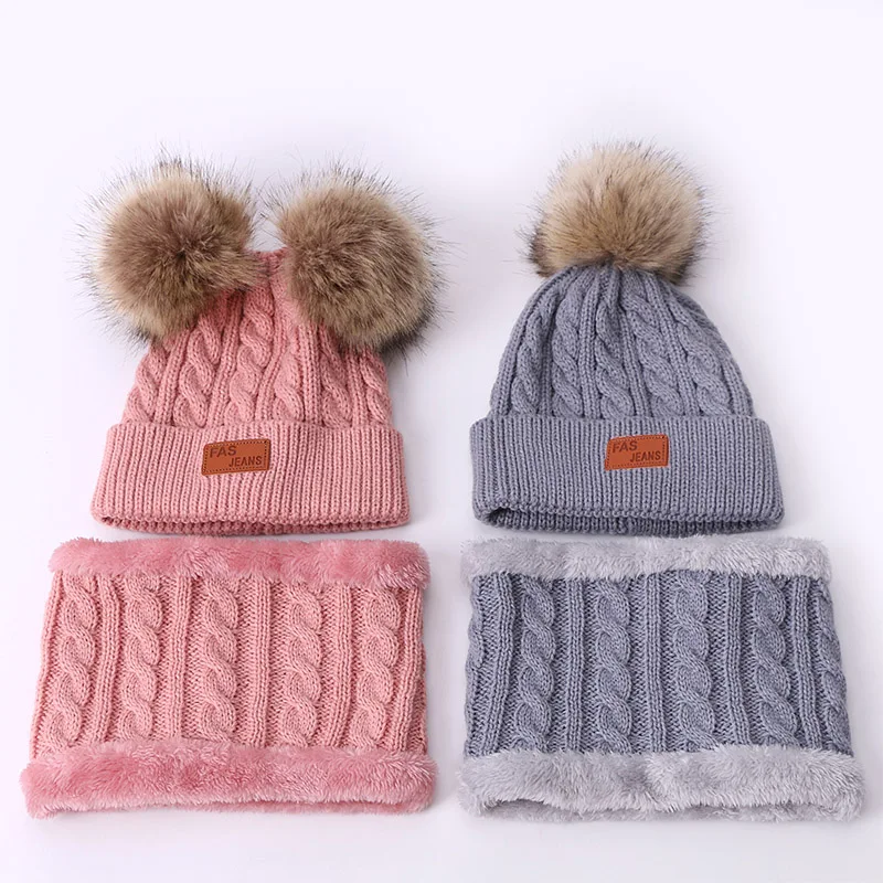 Children Hat And Scarf Set Winter Solid Skullies Beanies With Double Faux Fur Pompom High Quality Knitted Hat Ring Scarf Cap Set