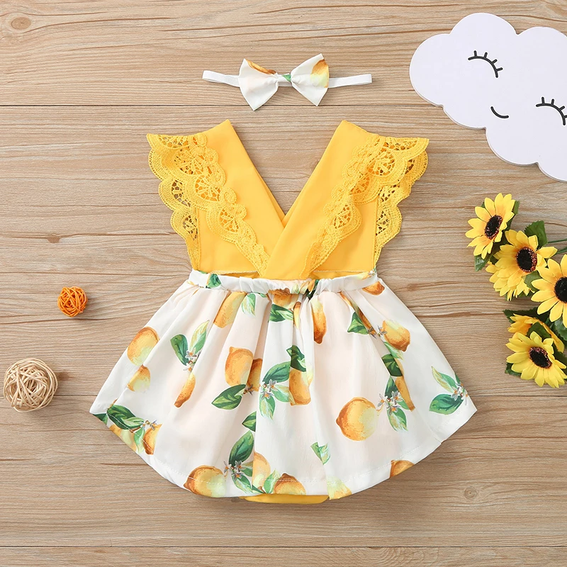 Baby Lemon Print Clothes Set, Sleeveless V-neck Jumpsuit with Ruffles + Bow-knot Headband