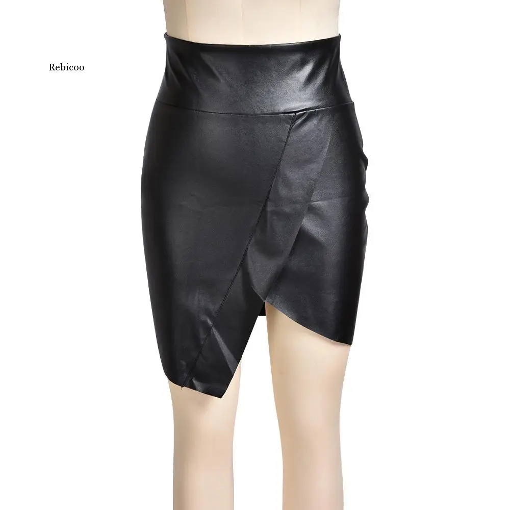 2021 Black Pu Leather Skirt Women Sexy High Waist Bodycon Surplice Wrap Skirt Office Ladies Asymmetrical Club Party Skirt